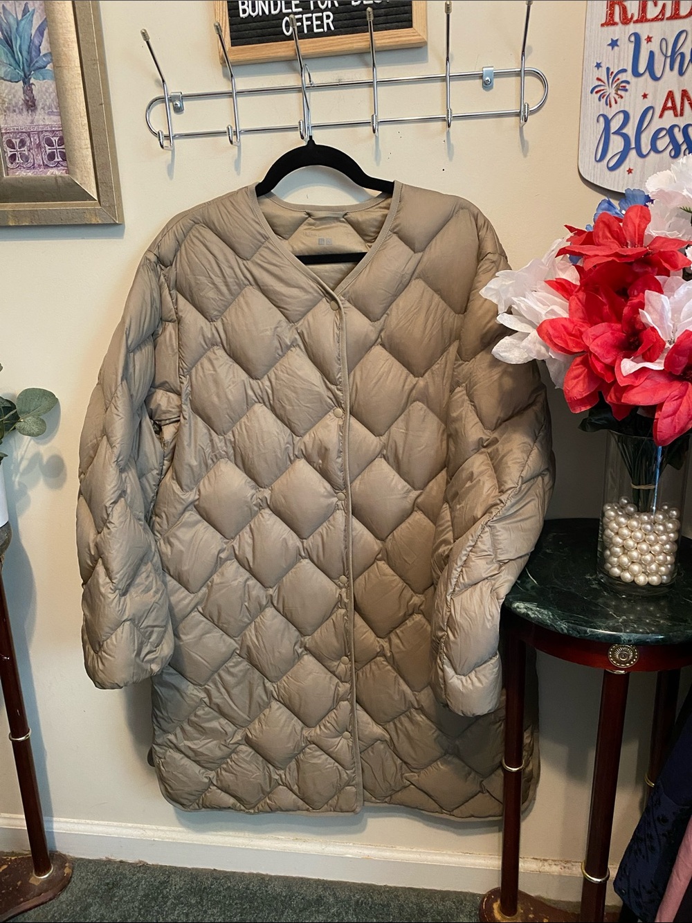 No Brand, Quilted, Long, Light Down Puffer Coat - Taupe Size XL